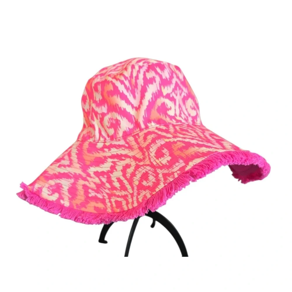NWT Sprigs Ikat Wide Brim Fringe Reversible Sun Hat UPF 50 pink orange